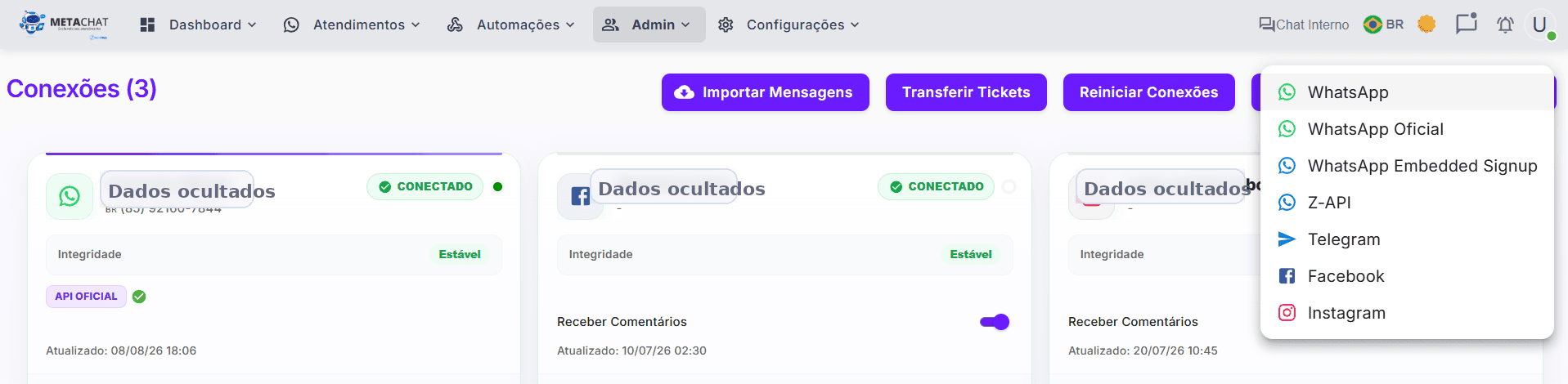 Tela de conexões do MetaChat com WhatsApp, Facebook e Instagram