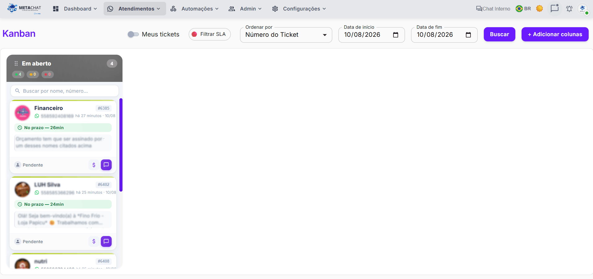 Tela Kanban do MetaChat