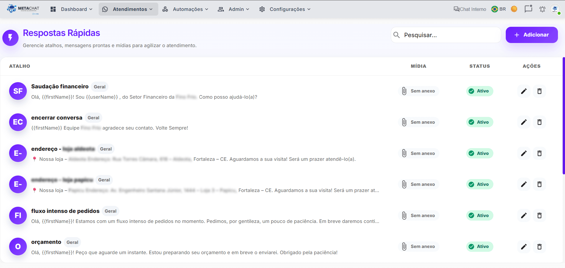 Tela de respostas rápidas do MetaChat